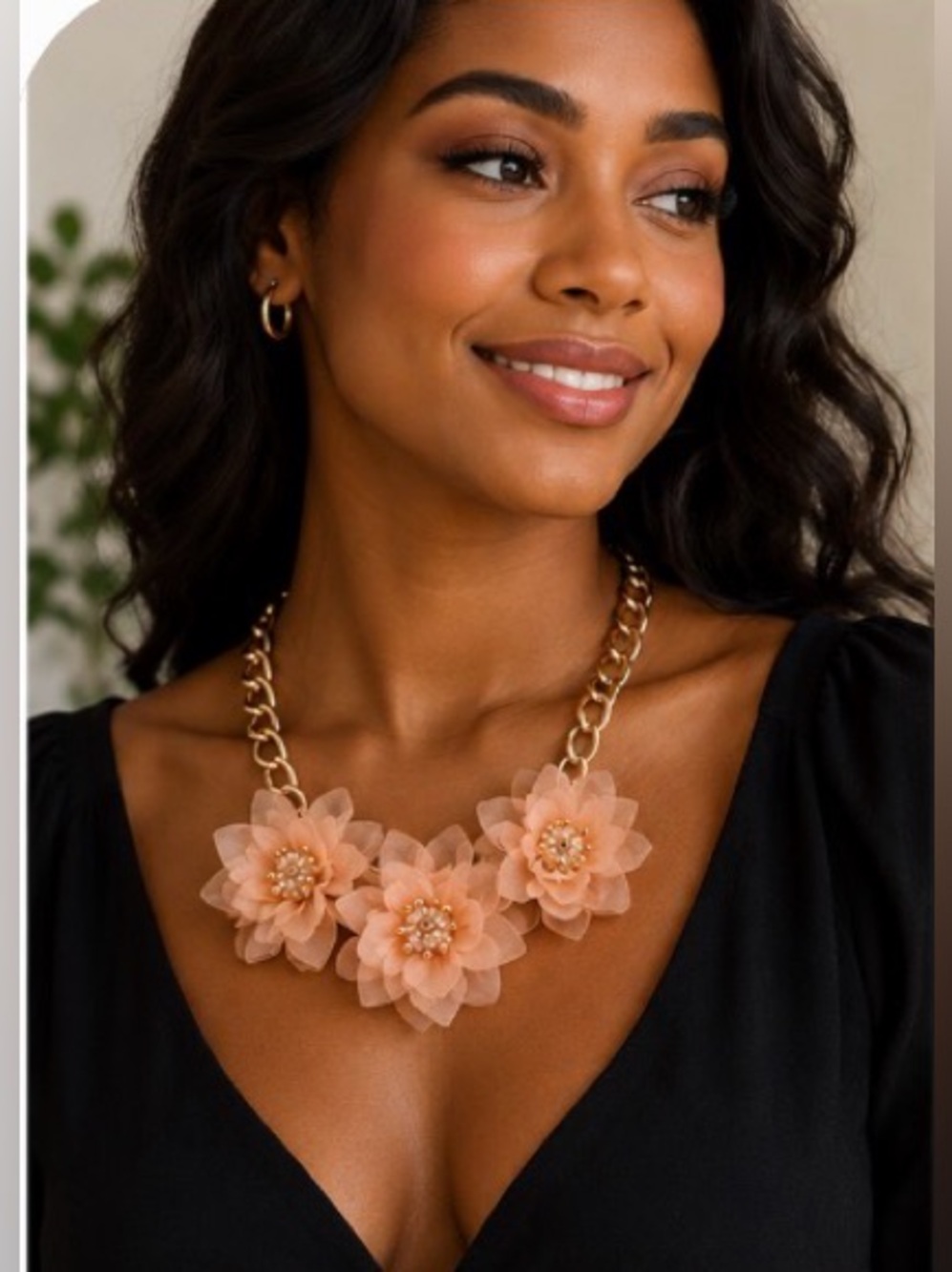 BOCAR NWT Peach 3D Flower Statement Necklace Gold Tone Chain Bib Necklace